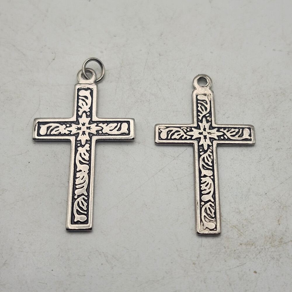 Lot 2 Silver Tone Cross Pendant Charms Black Recessed Floral Religious Jewelry